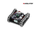 Kompakt programmerbar robotbandvagn med silverfärgade larvband och synligt elektronikstyrkort