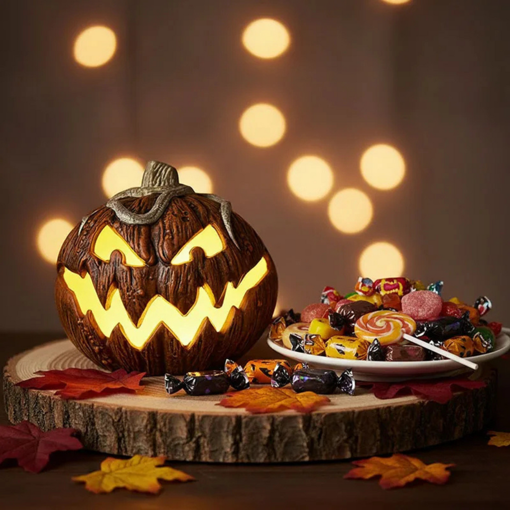 Halloweenpumpa med lysande jack-o-lantern-ansikte i brun och orange utformning