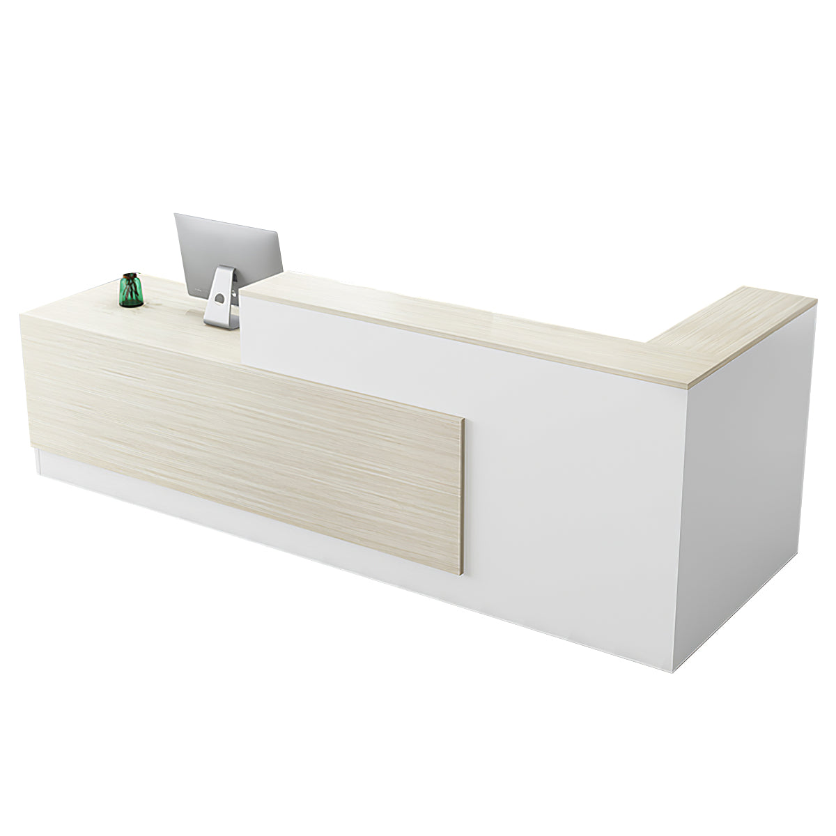 L-formad receptionsdisk med träeffekt och avskärmande frontpanel