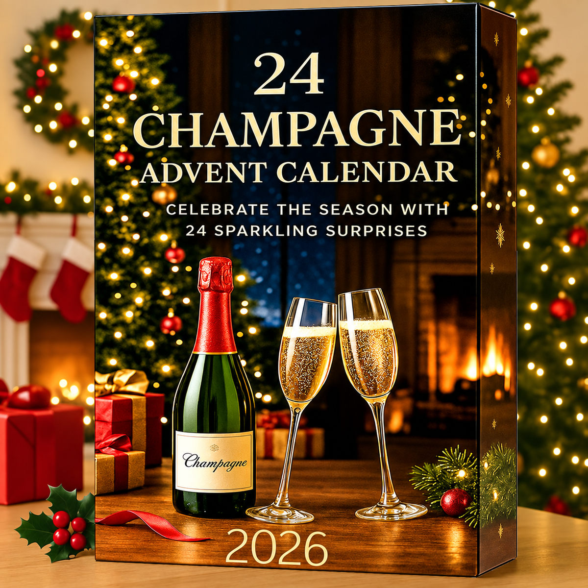 Svart champagneinspirerad adventskalender med 24 luckor och julmotiv