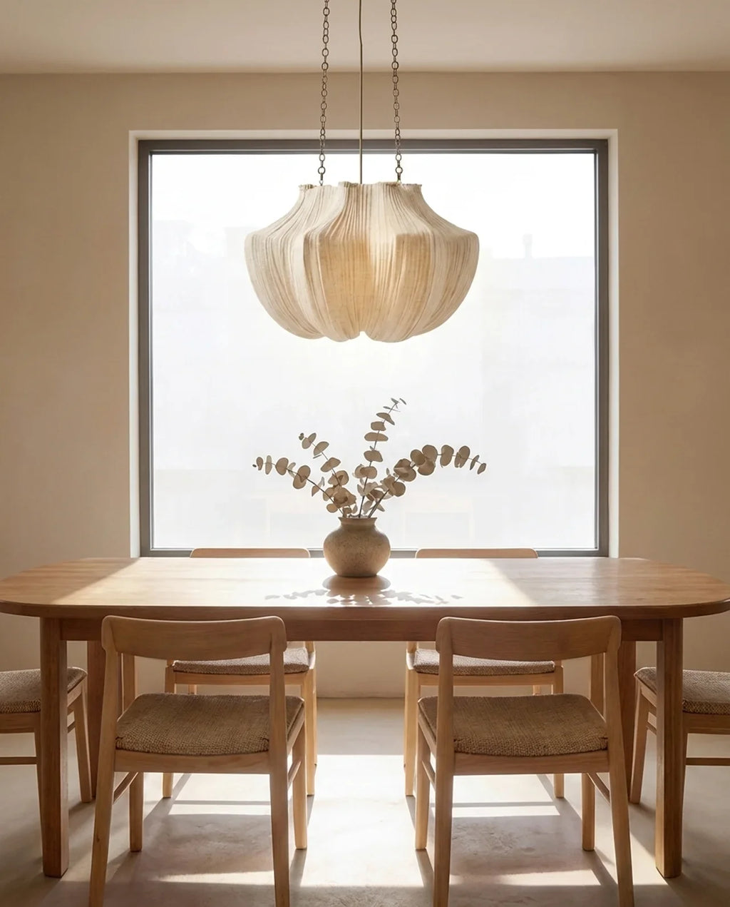 Beige taklampa med veckad rund skärm och kedjeupphängning