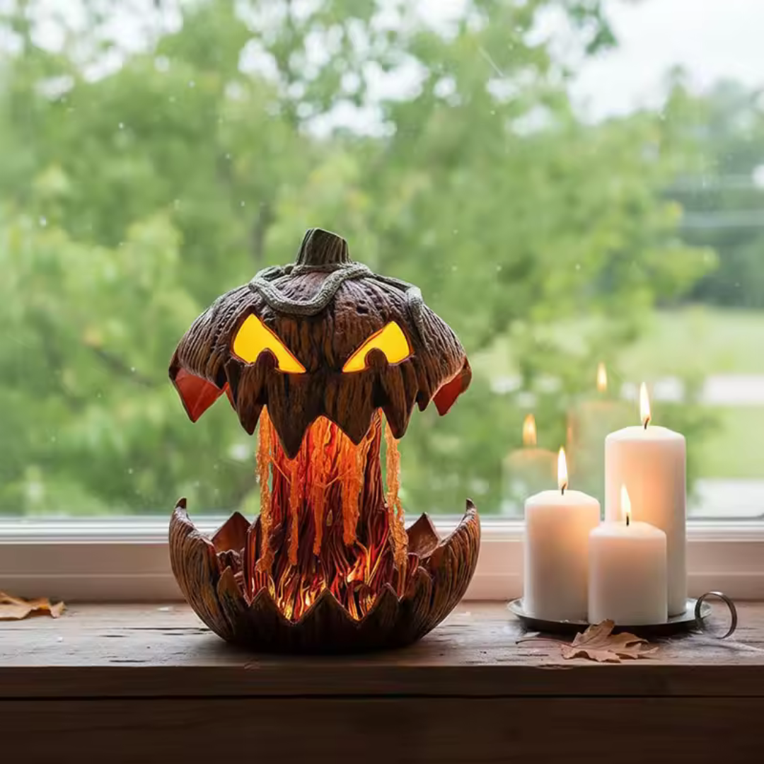 Halloweenpumpa med lysande jack-o-lantern-ansikte i brun och orange utformning