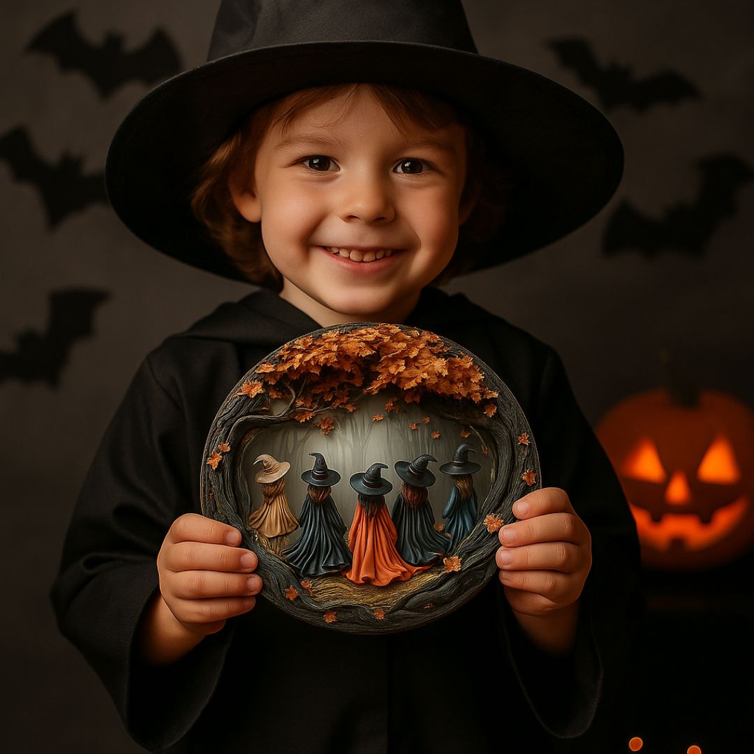 Rund hängande halloween-dekoration med fem häxor, höstlöv och rep