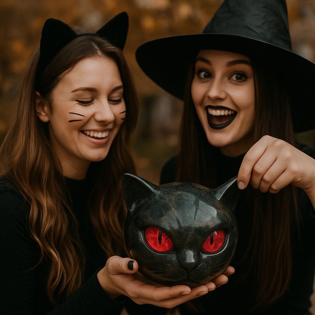 Rund dekorativ kattfigur i sten med spetsiga öron och färgade ögon