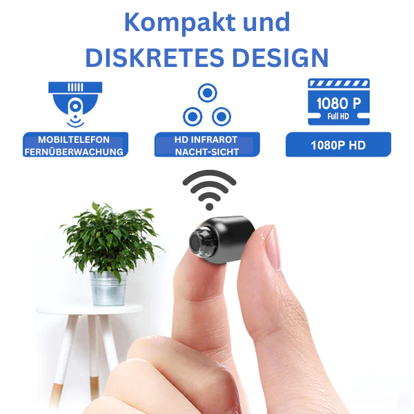 Kompakt svart Full HD-kamera med objektiv och wifi för barnövervakning