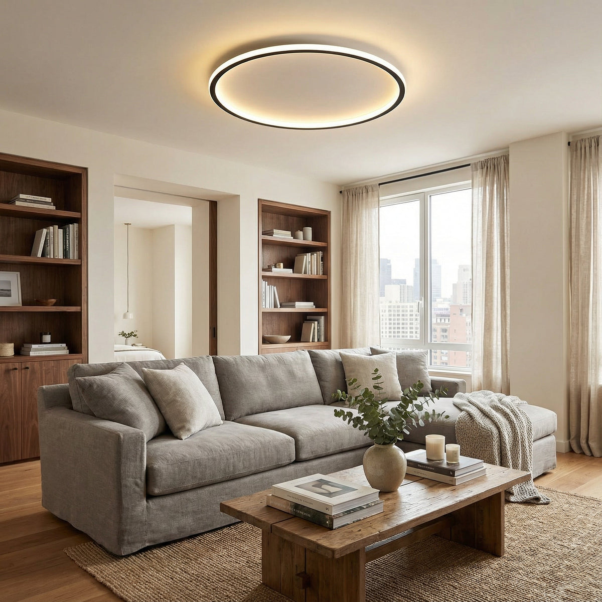 Rund LED-taklampa med minimalistisk ringdesign i takmiljö