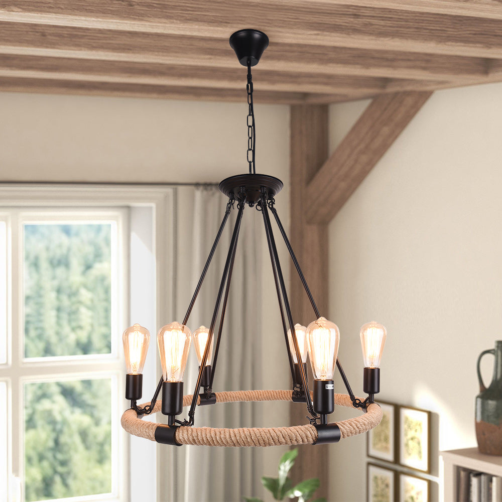 Vintageinspirerad svart taklampa med dubbla repklädda ringar och kedjeupphängning