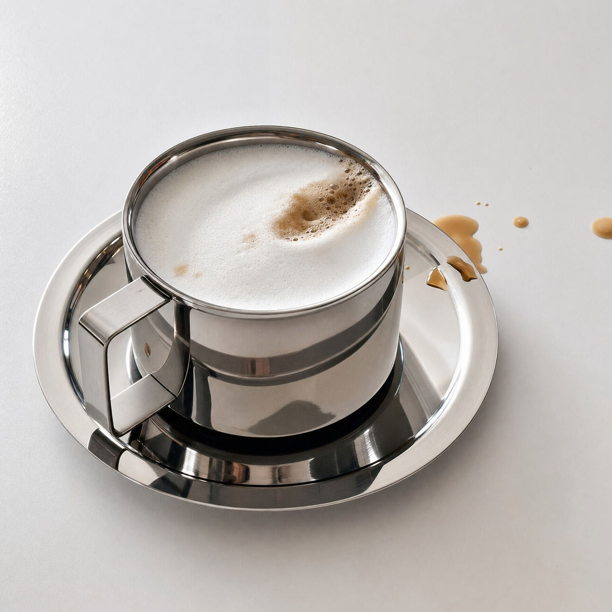 Silverfärgad lattekopp i stål med fat och sked