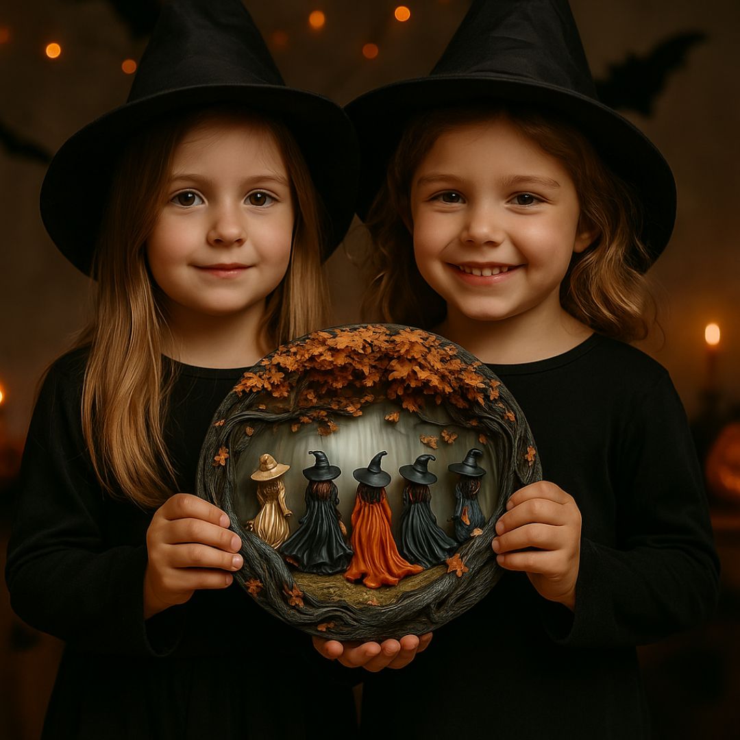 Rund hängande halloween-dekoration med fem häxor, höstlöv och rep