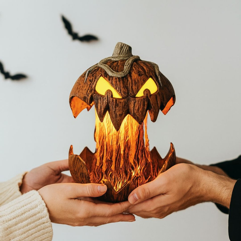 Halloweenpumpa med lysande jack-o-lantern-ansikte i brun och orange utformning