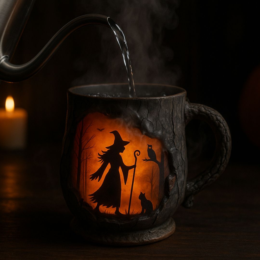 Halloweenmugg med häxmotiv, orange färgfält och grenliknande reliefdesign