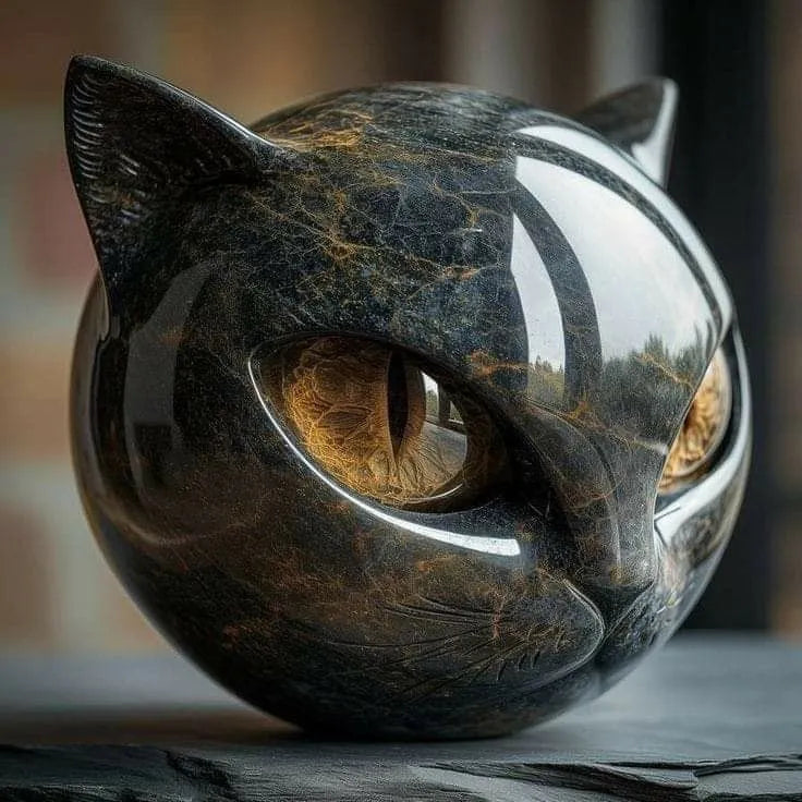 Rund dekorativ kattfigur i sten med spetsiga öron och färgade ögon