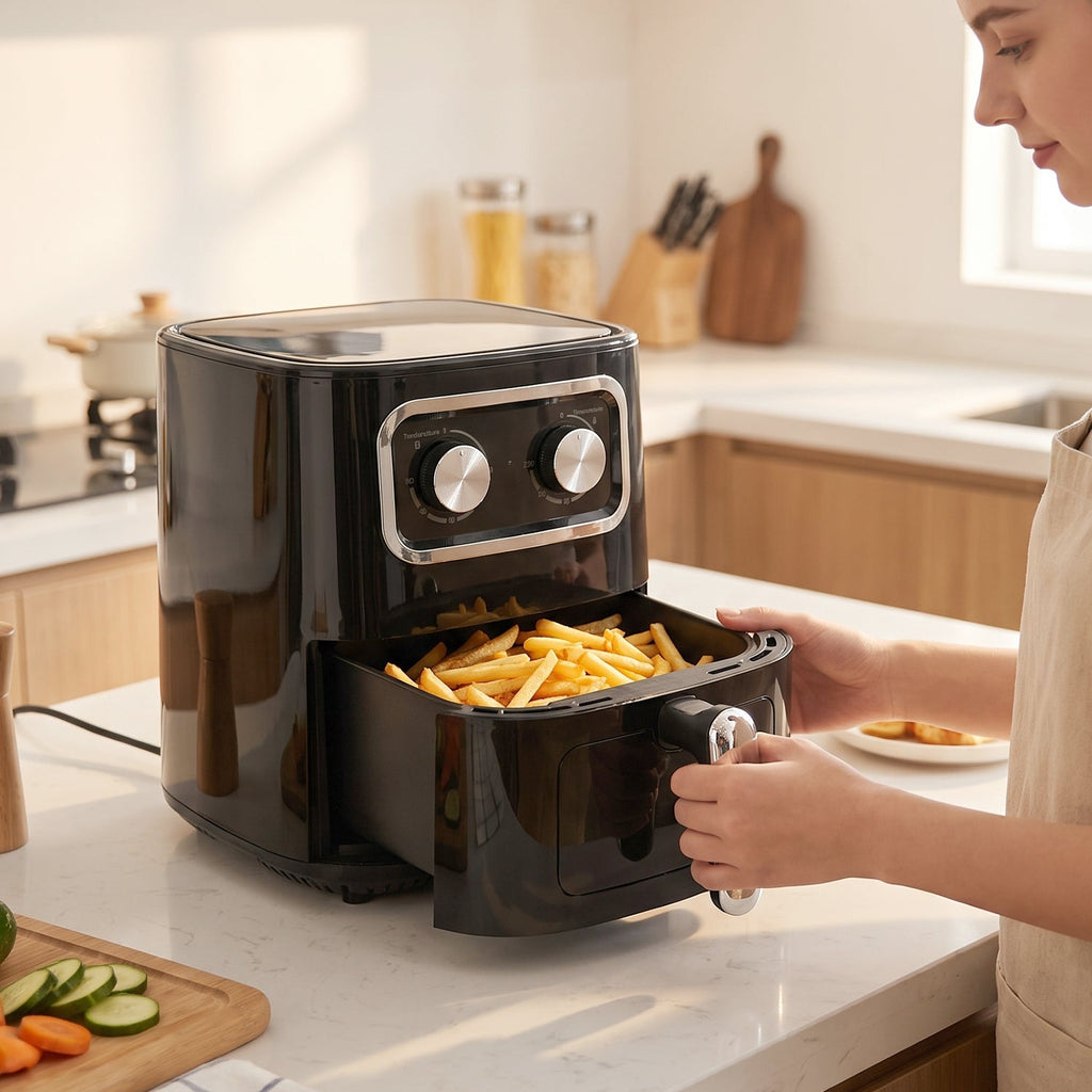 Svart varmluftsfritös med utdragbar korg och två manuella reglage