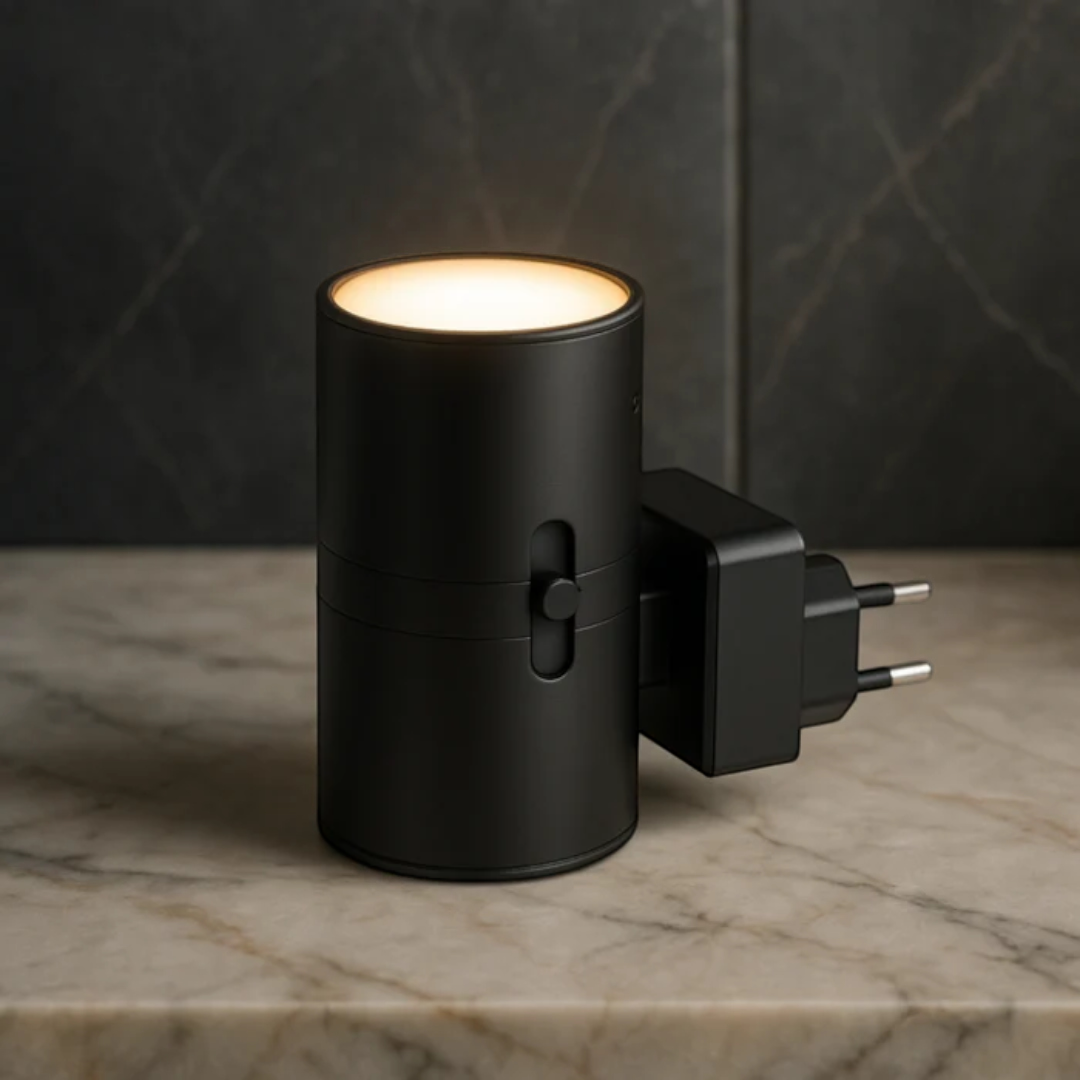 Cylindrisk LED-vägglampa med integrerad kontakt och dag- och nattsensor