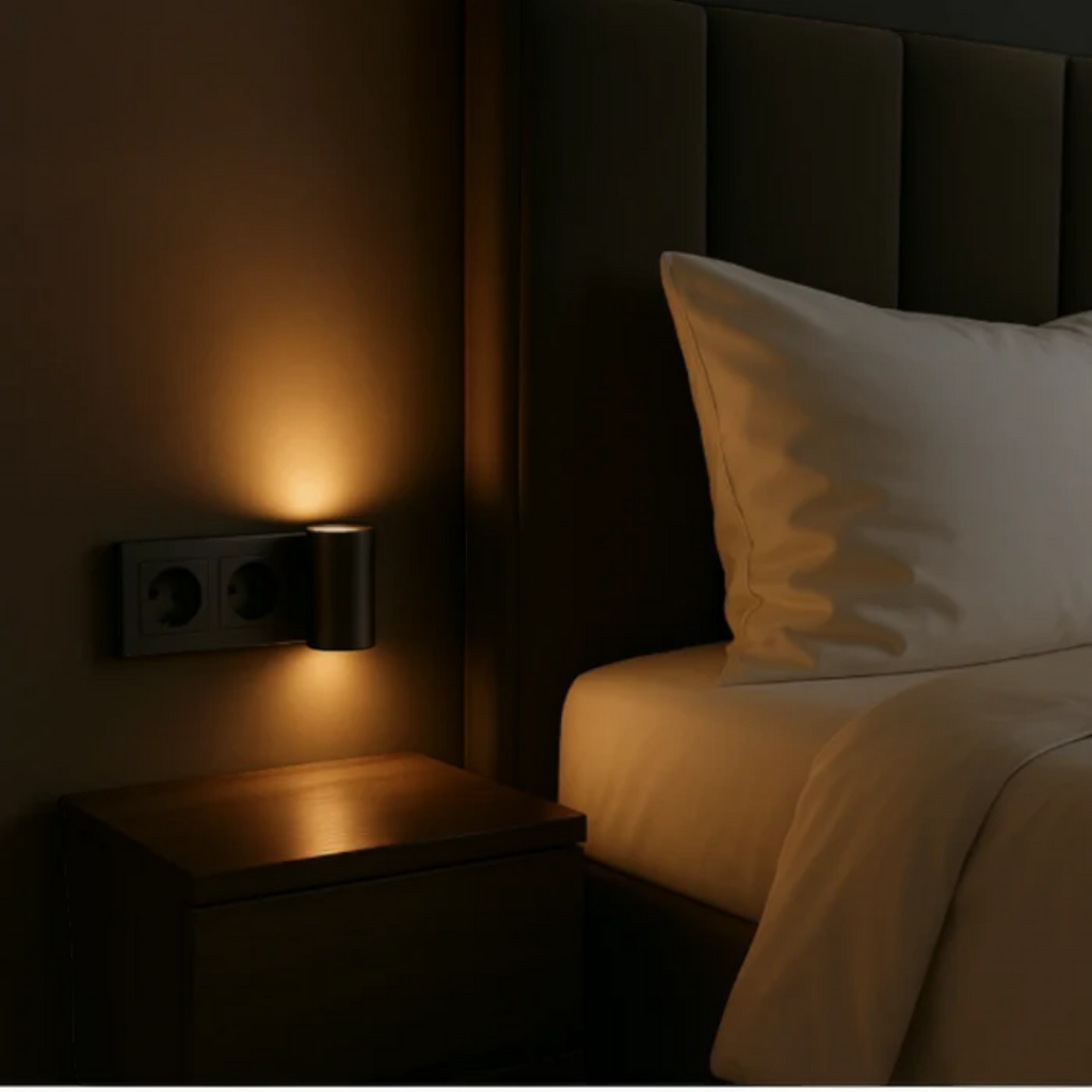 Cylindrisk LED-vägglampa med integrerad kontakt och dag- och nattsensor