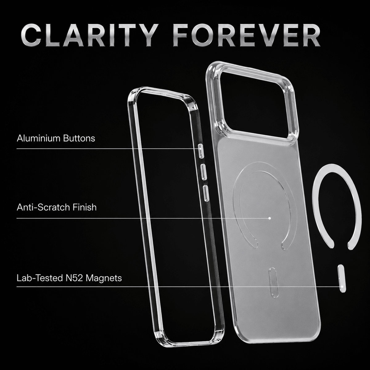 Transparent mobilskal för iPhone 17 Pro Max med vit MagSafe-ring och taktila sidoknappar