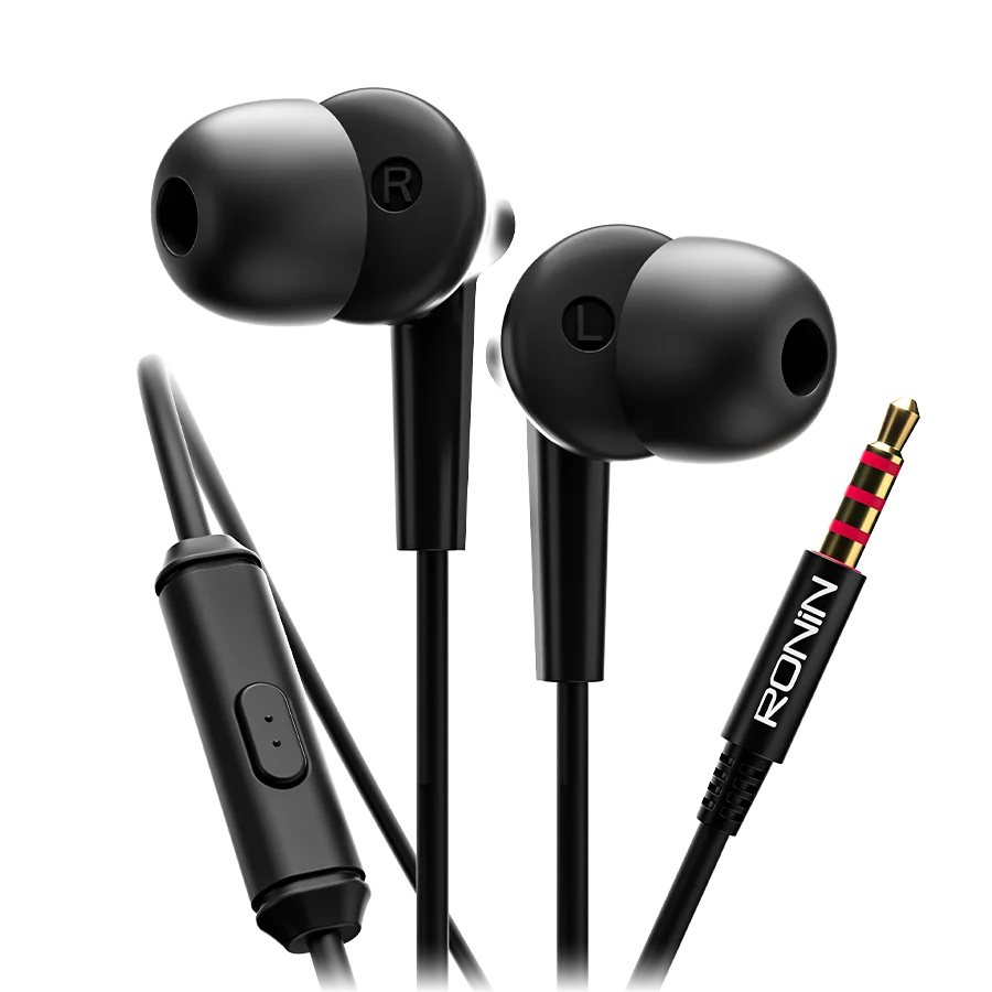 Svarta trådbundna in-ear-hörlurar med fjärrkontroll och 3,5 mm ljudkontakt