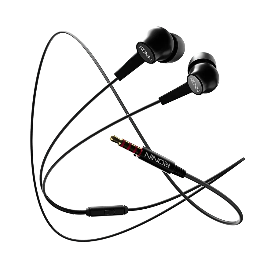 Svarta trådbundna in-ear-hörlurar med fjärrkontroll och 3,5 mm ljudkontakt
