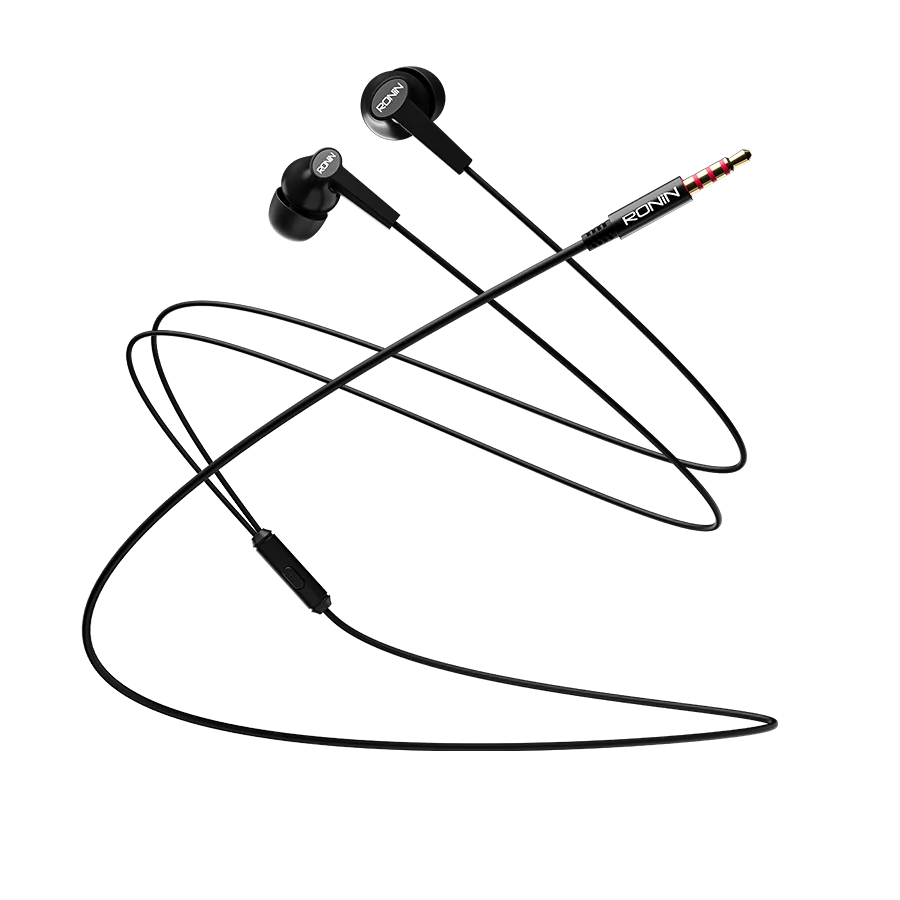 Svarta trådbundna in-ear-hörlurar med fjärrkontroll och 3,5 mm ljudkontakt