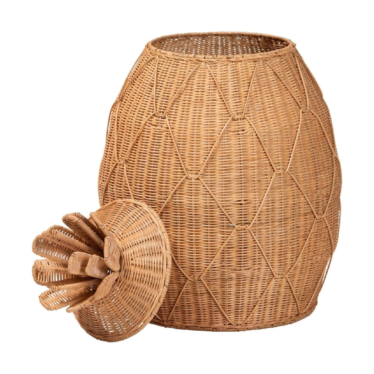 Beige handvävd tvättkorg i rotting med lock och blommönster