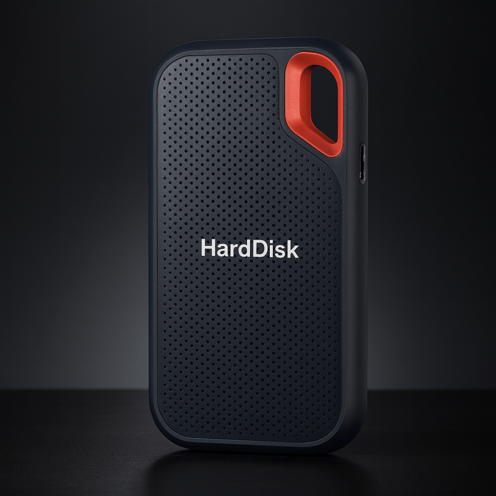 Svart bärbar extern SSD-hårddisk med rött grepp och USB-kabel