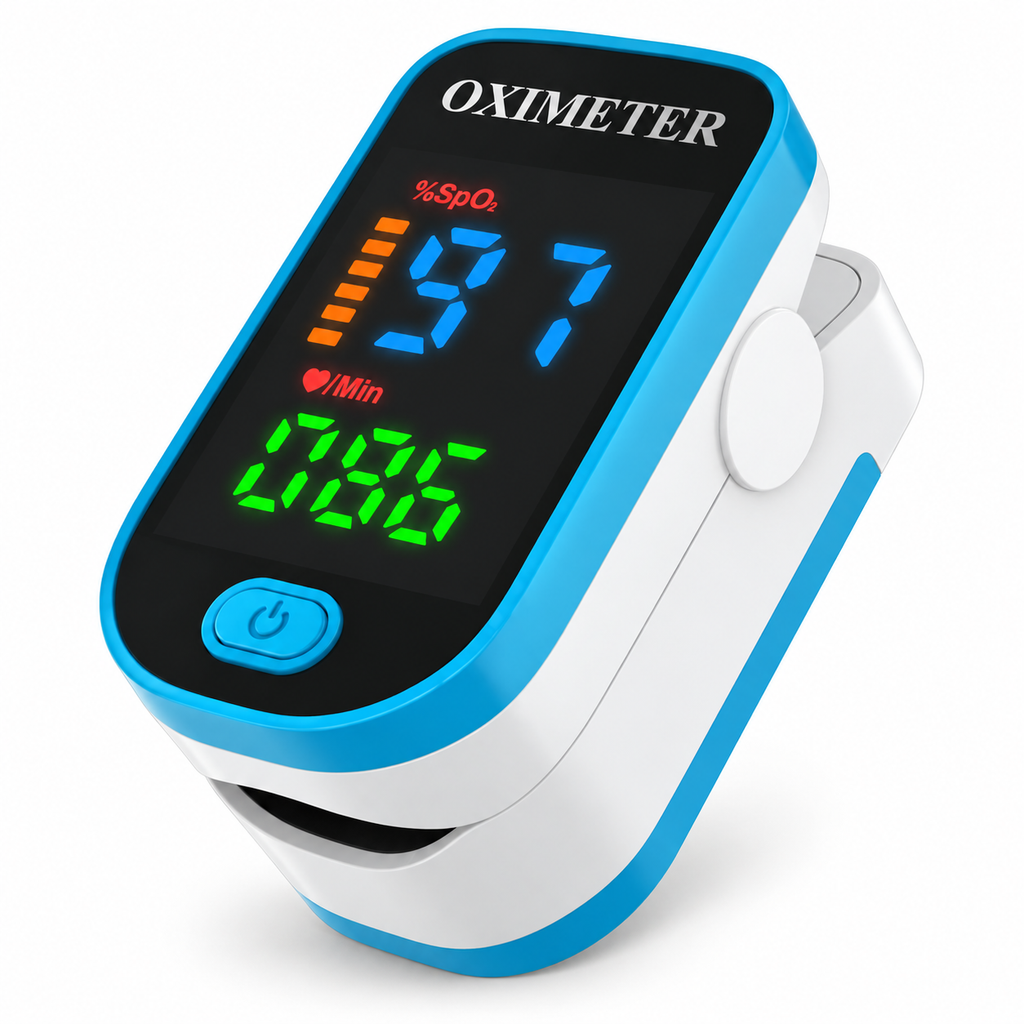 Kompakt pulsoximeter placerad på ett finger med digital färgdisplay