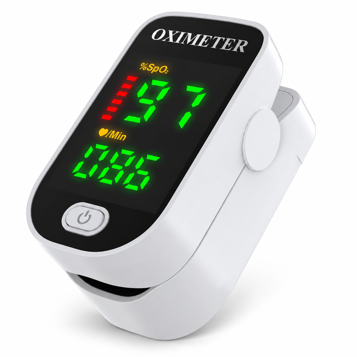 Kompakt pulsoximeter placerad på ett finger med digital färgdisplay