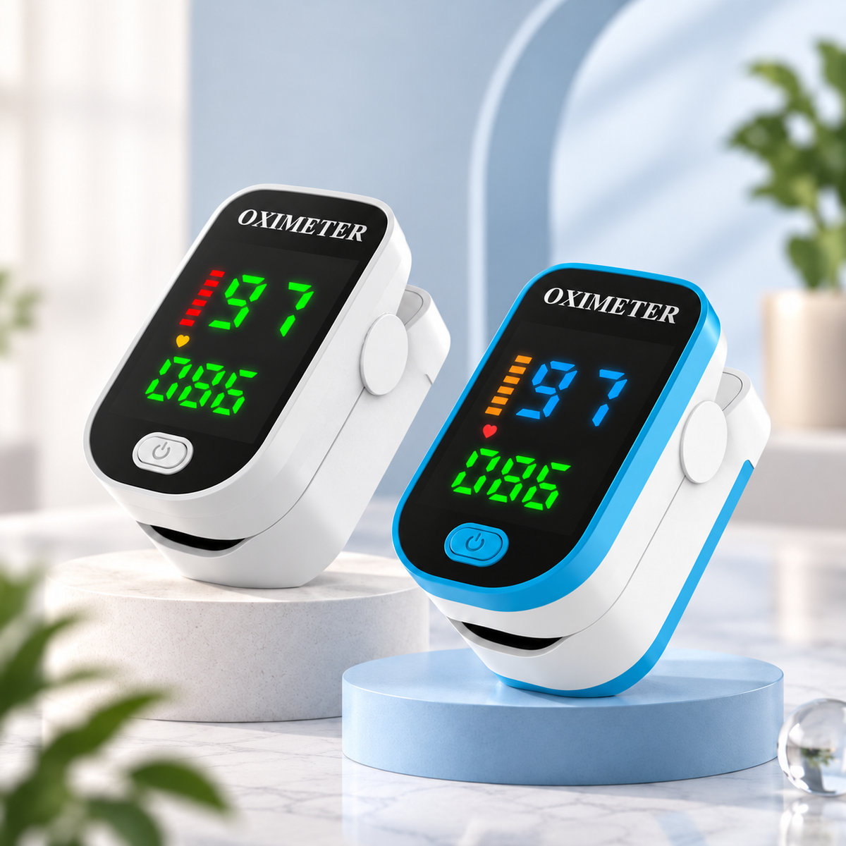Kompakt pulsoximeter placerad på ett finger med digital färgdisplay