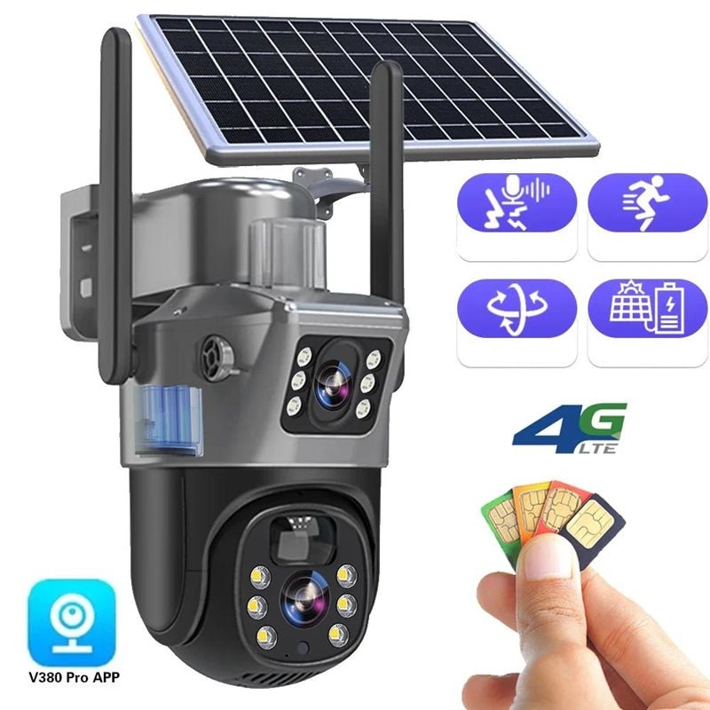Grå och svart säkerhetskamera med dubbla objektiv, solpanel, antenner och väggfäste