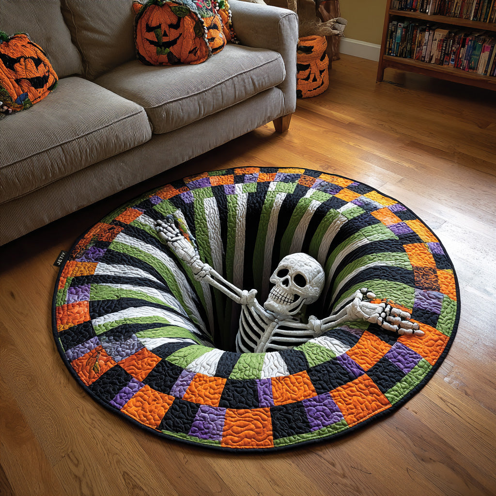Rund quiltad matta med färgblock och skelettmotiv i Halloweenfärger