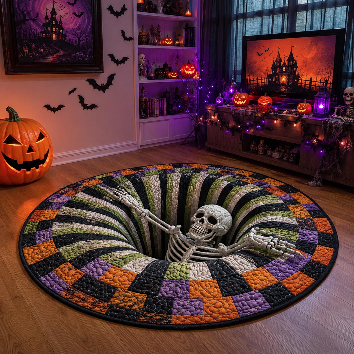 Rund quiltad matta med färgblock och skelettmotiv i Halloweenfärger