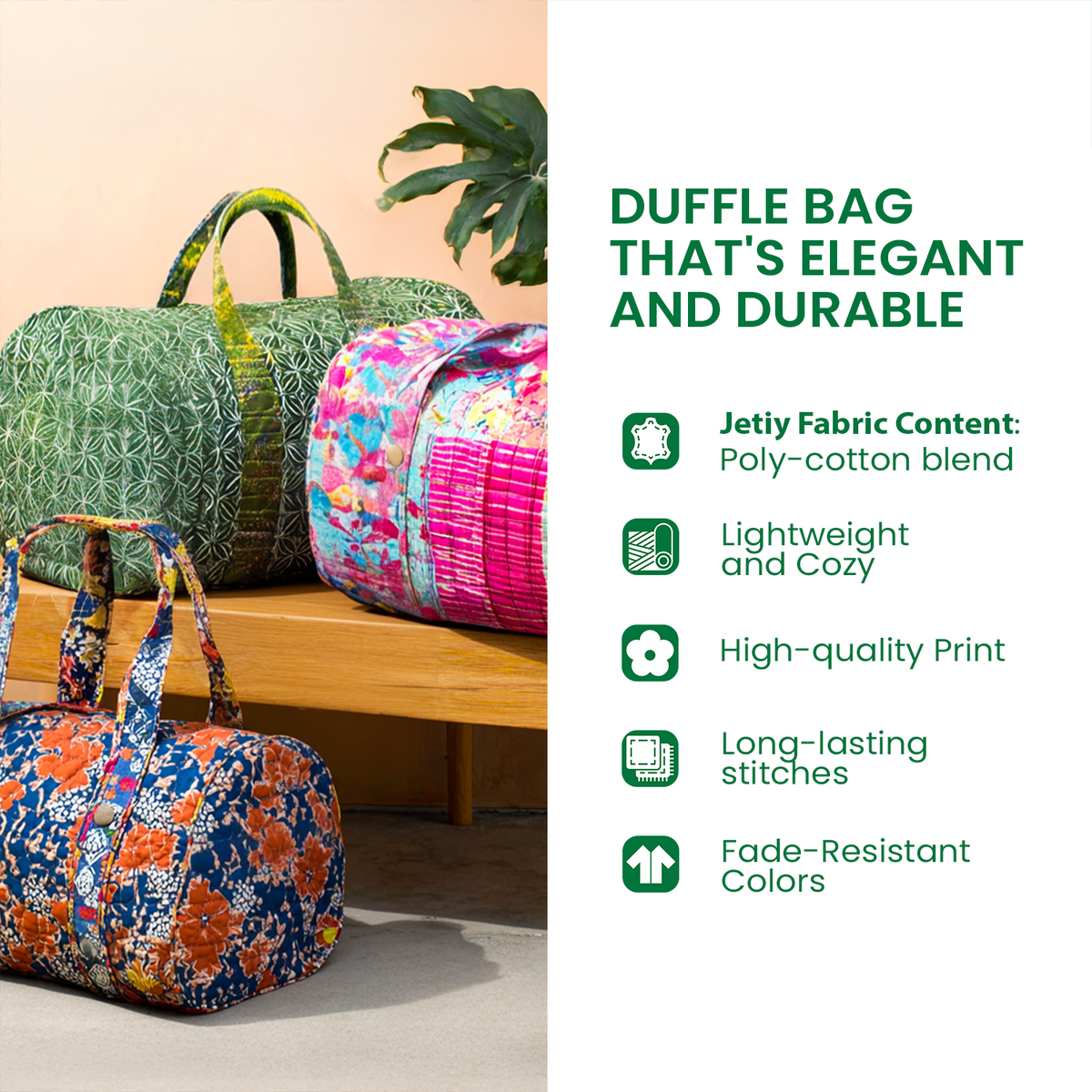 Quiltad weekendväska med färgstarkt fiskmotiv och dubbla gröna handtag