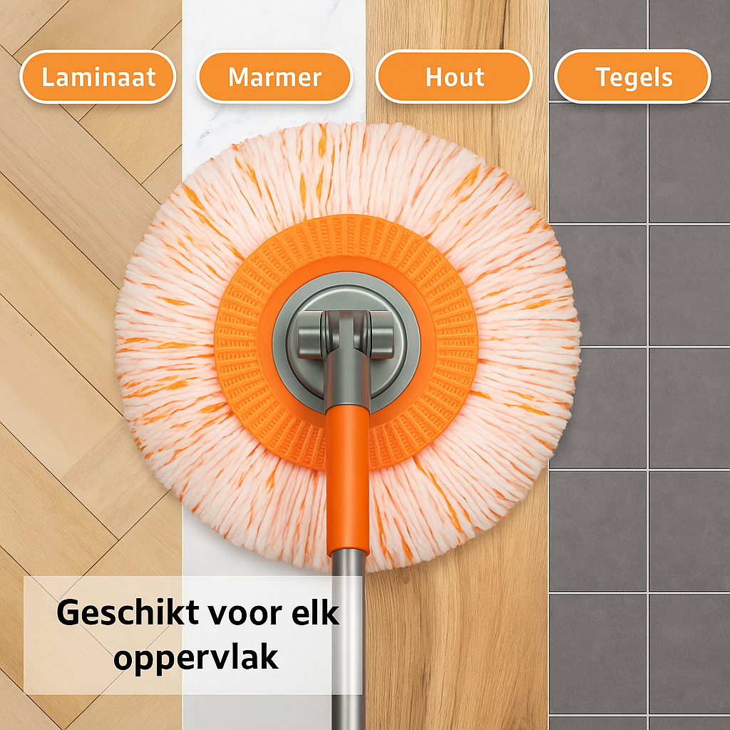 Rund orange mopp med teleskopskaft och vinklingsbart fäste