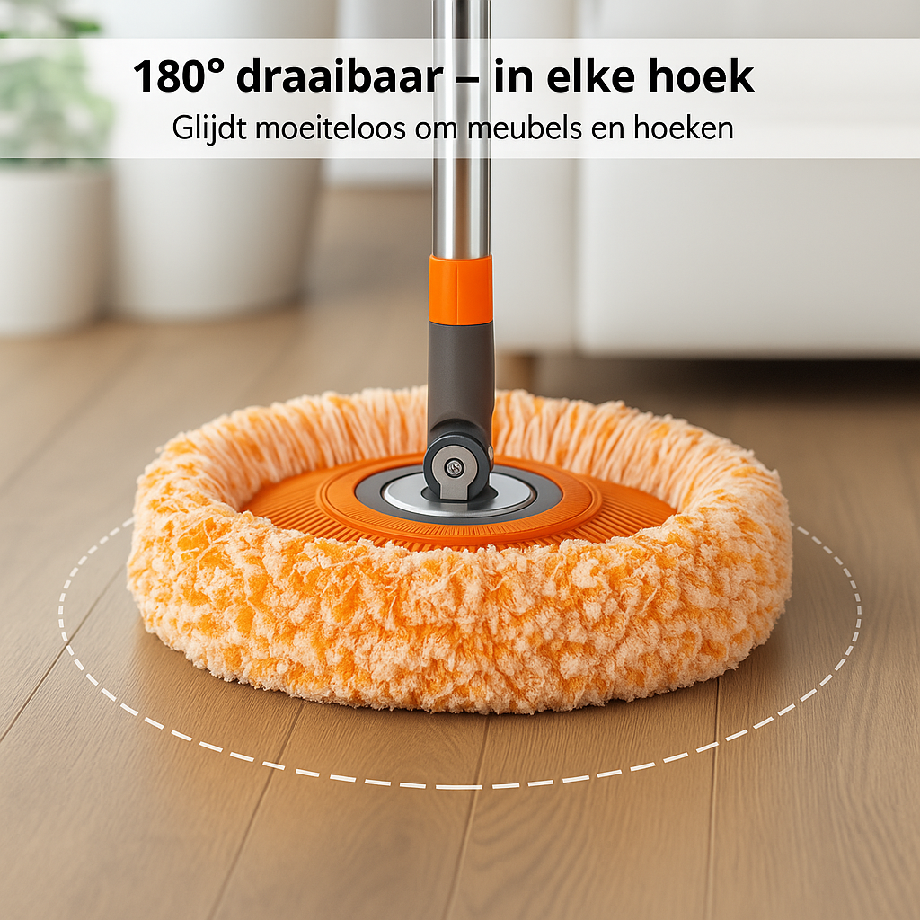 Rund orange mopp med teleskopskaft och vinklingsbart fäste