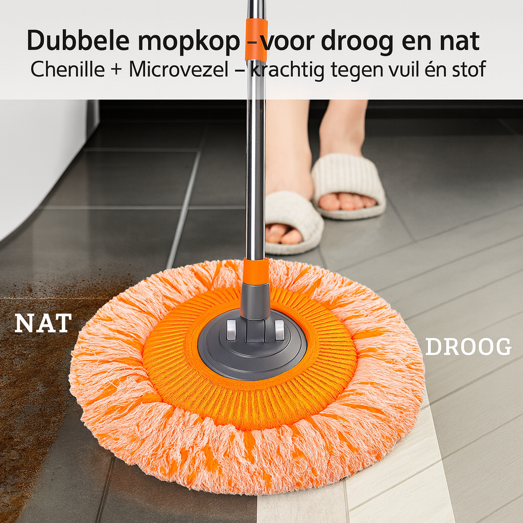 Rund orange mopp med teleskopskaft och vinklingsbart fäste