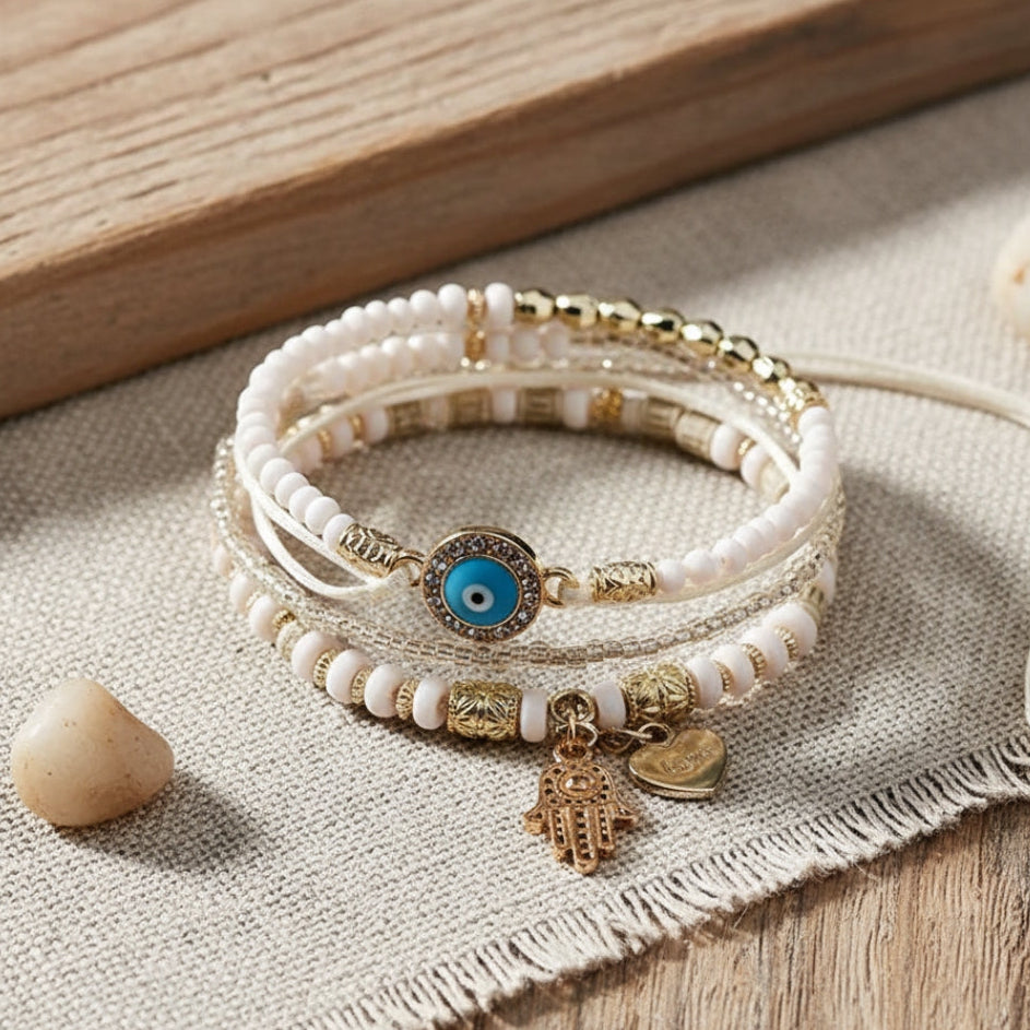 Armbandset med pärlor och dekorativa berlocker i flera färger