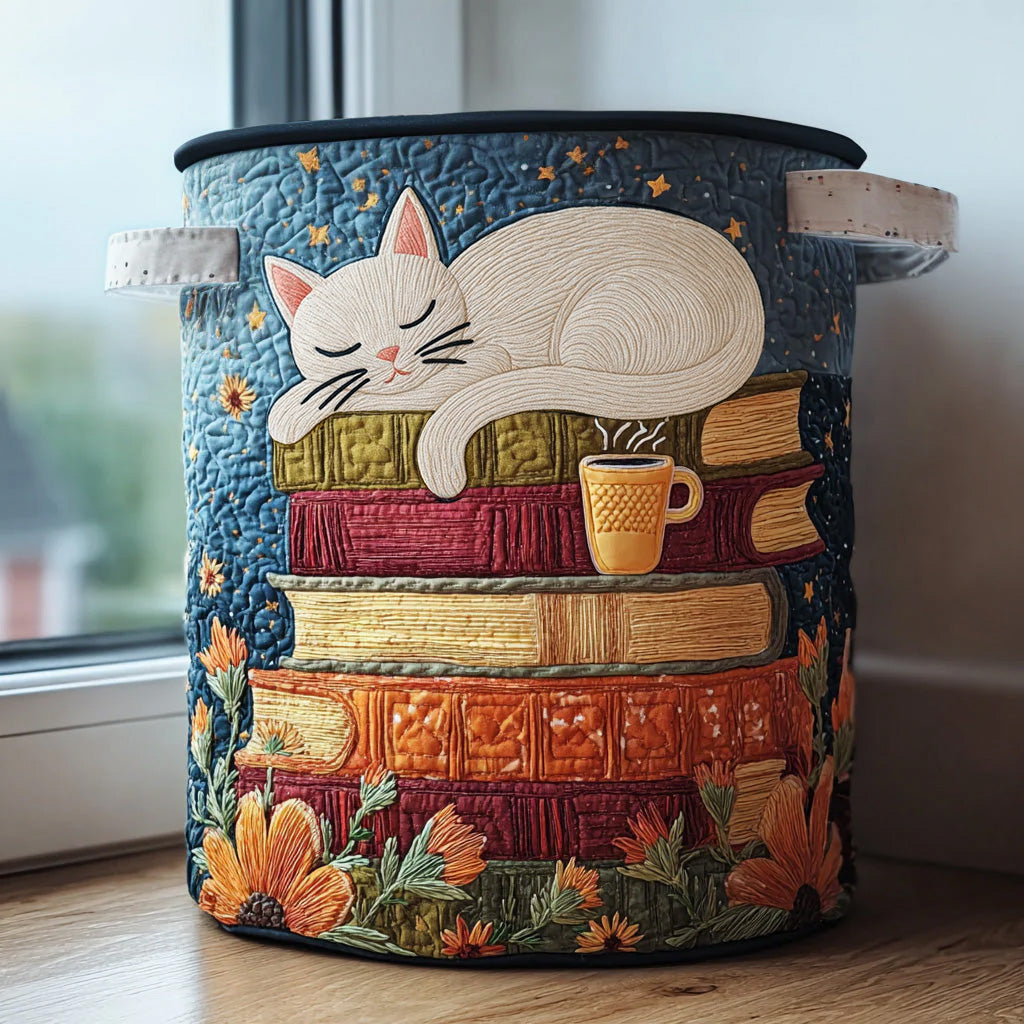 Quiltad tvättkorg med kattmotiv, blommor och sidhandtag