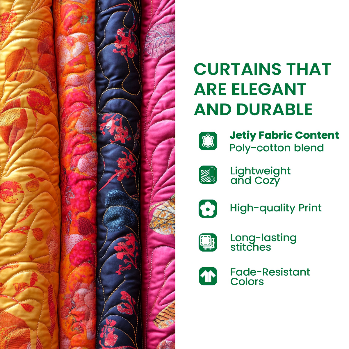 Quiltade gardiner med färgstarkt naturmotiv och öljetter