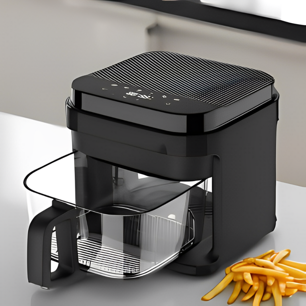 Svart varmluftsfritös med transparent glaslåda och digital pekpanel