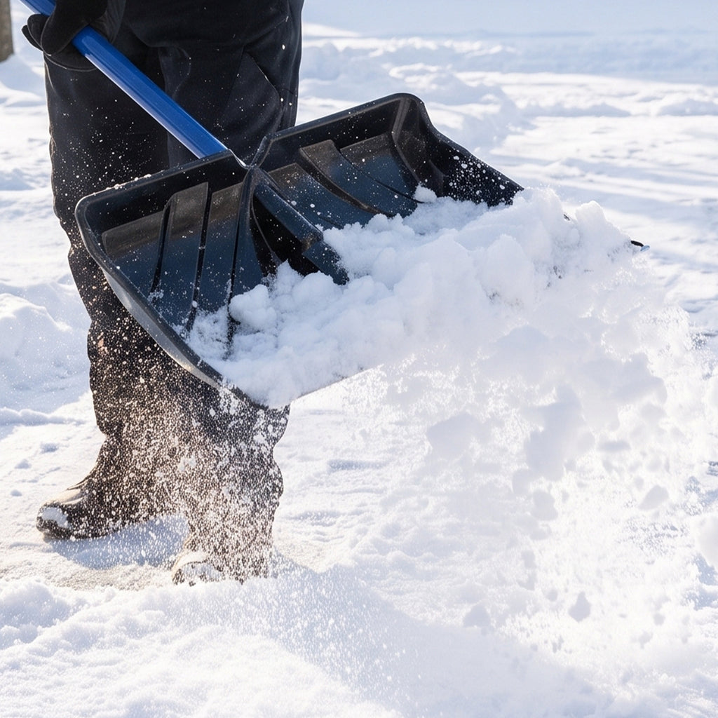 Snöskyffel med svart skopa, blått stålskaft och två handtag