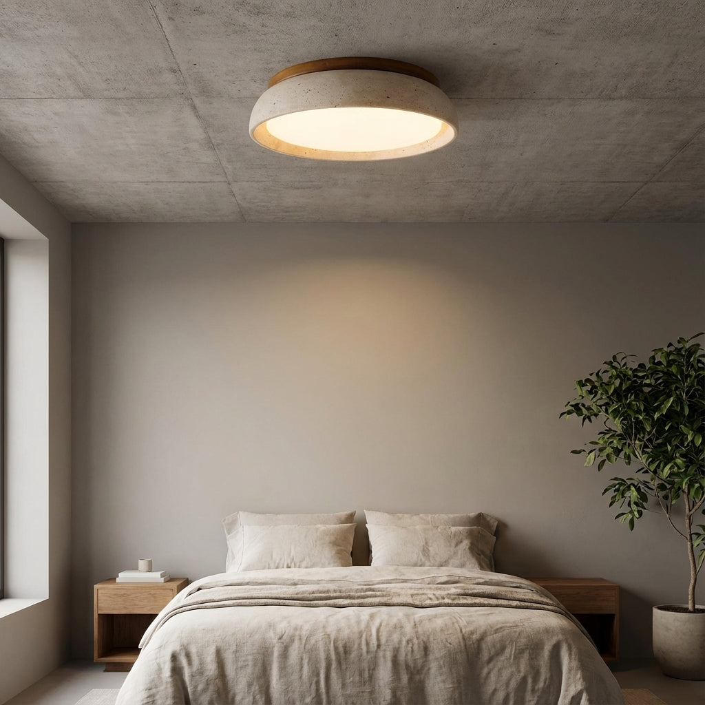 Rund platt taklampa i beige travertinlook med brun träeffektring