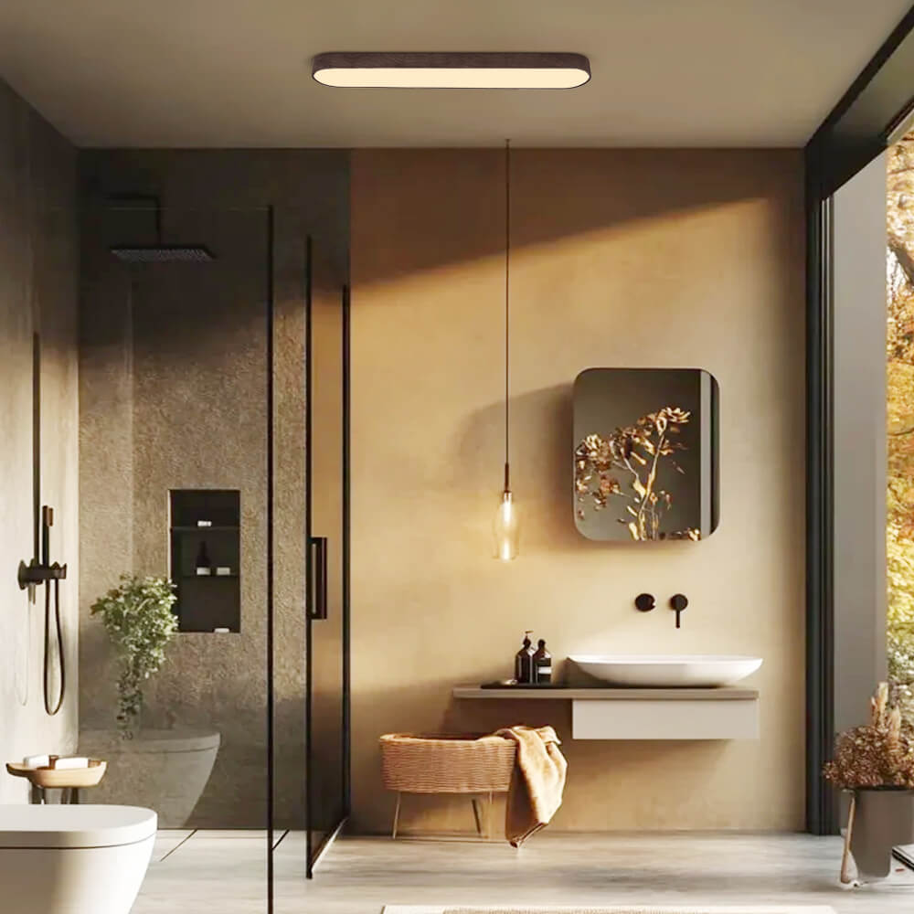 Avlång oval LED-taklampa med rundade hörn och träeffekt