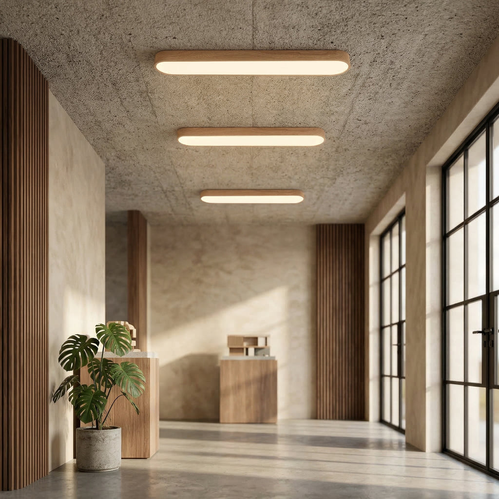 Avlång oval LED-taklampa med rundade hörn och träeffekt