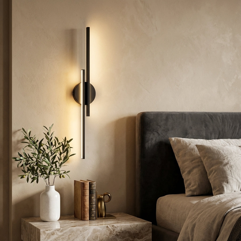 Vägglampa med rund väggplatta och vertikala metallstavar