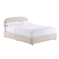 Beige queen-size sängram med stoppad huvudgavel och lyftbart förvaringsutrymme