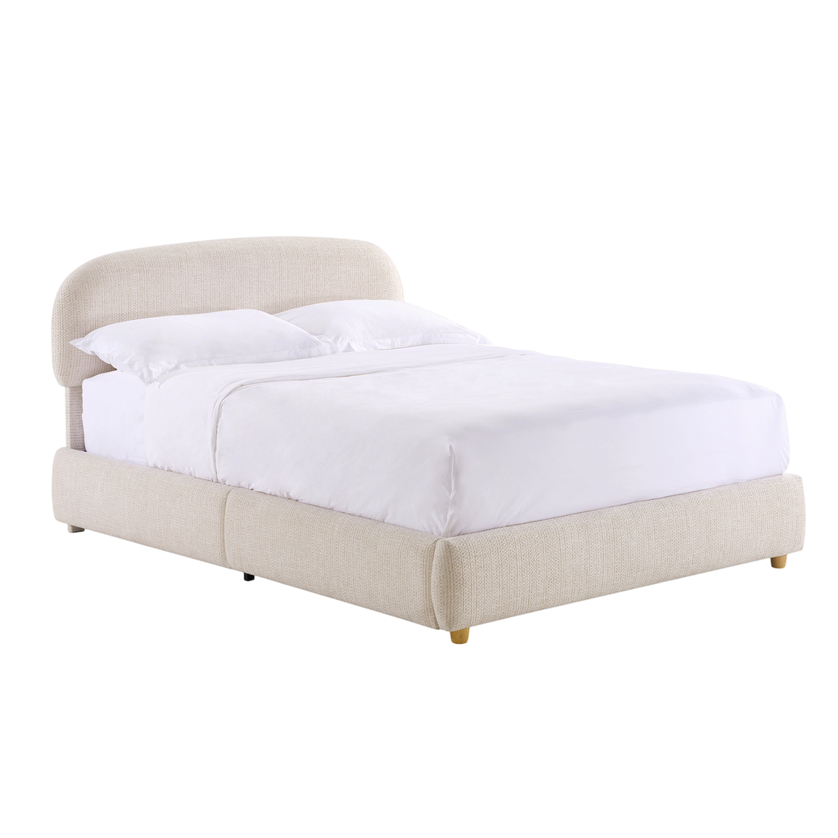 Beige queen-size sängram med stoppad huvudgavel och lyftbart förvaringsutrymme