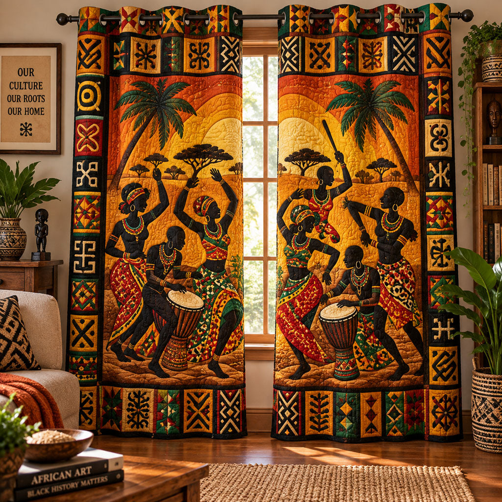 Quiltade gardiner med färgstarkt afrikanskt motiv och öljetter