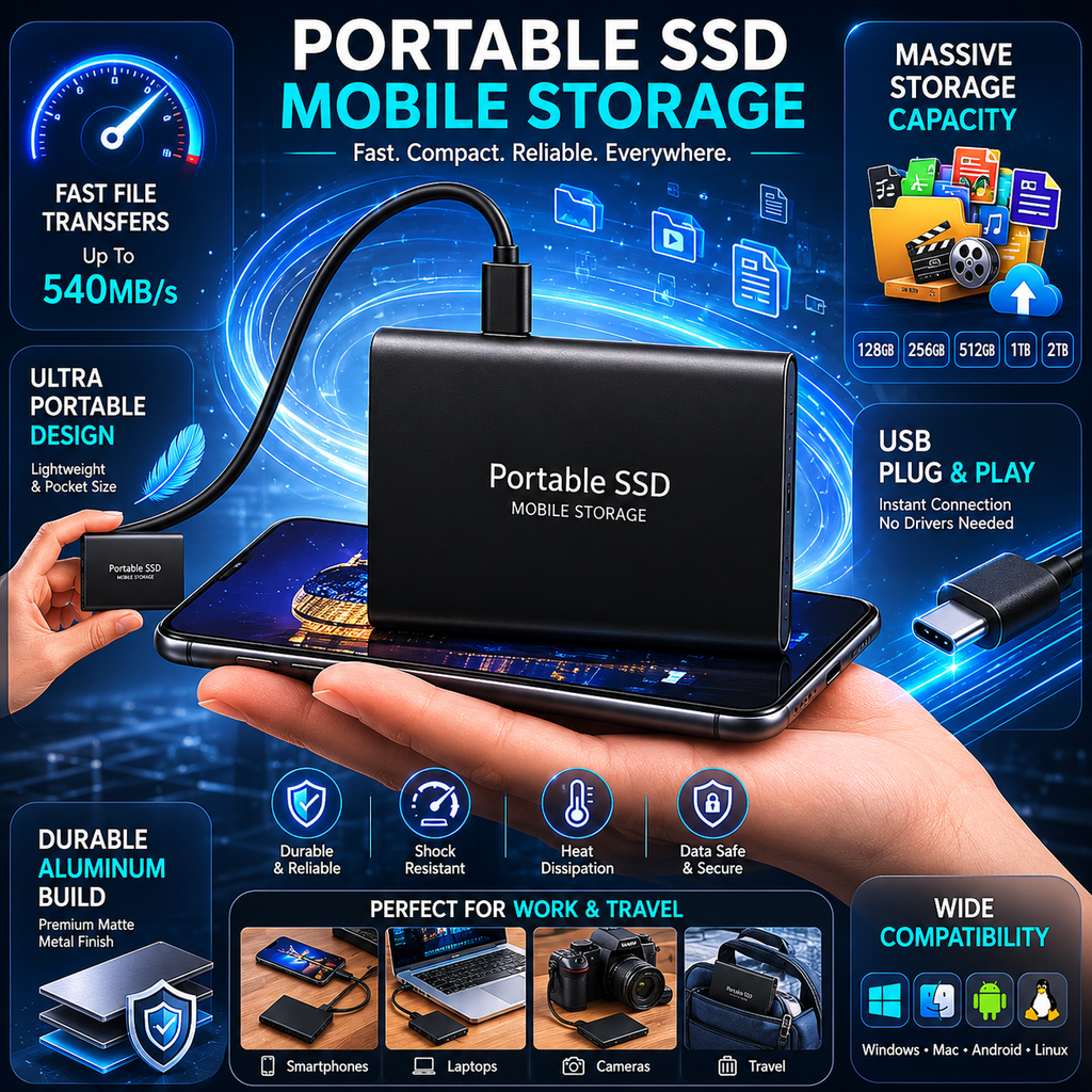 Bärbar extern SSD med USB-kabel för dator och mobil