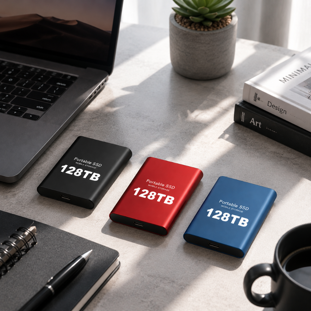 Portabel extern SSD-enhet med USB-port och märkning för 128 TB