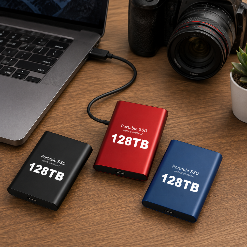 Portabel extern SSD-enhet med USB-port och märkning för 128 TB